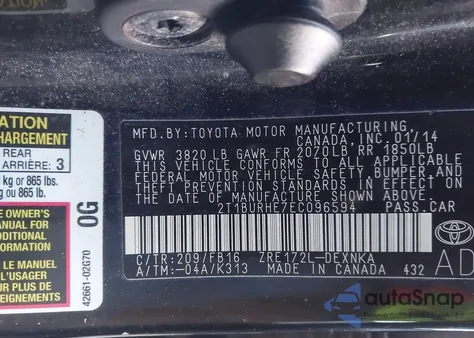 2014 Toyota Corolla Le из США, поврежденный, VIN 2T1BURHE7EC096594